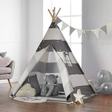 Haus Projekt Tipi Zelt Für Kinder mit Lichterkette, Wimpelkette, Aufbewahrungstasche & Bodenmatte – Kinderzimmer Spielzelt 100% Baumwoll, Teepee für drinnen/draußen (Grau/Weiß 160cm hoch)