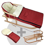 BAMBINIWELT Kombi-Angebot Holz-Schlitten mit Rückenlehne & Zugseil + universaler Winterfußsack (108cm), auch geeignet für Babyschale, Kinderwagen, Buggy, aus Wolle Uni (Bordeaux)