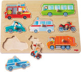 HABA 301940 - Greifpuzzle Fahrzeug-Welt | Holzspielzeug ab 12 Monaten | 8-teiliges Puzzle aus Holz mit bunten Fahrzeugmotiven | Mit großen Knöpfen zum Greifen