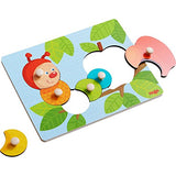 HABA 303189 - Greifpuzzle Raupe Mina, 6-teiliges Holzpuzzle mit Raupe und Apfel, mit großen, griffigen Holzknöpfen, Holzspielzeug ab 12 Monaten
