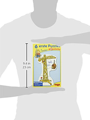 HABA 3901 - 6 erste Puzzles Baustelle, Puzzle mit 6 lustigen Baustellenmotiven für Kinder ab 2 Jahren, mit Bauarbeiterholzfigur zum freien Spielen