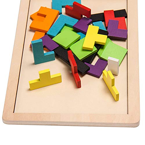 Flybiz Holzpuzzles Tetris Puzzlespiel Burr Tangram Stichsäge Spielzeug Pädagogisches Spiel (40 Stück), Gehirn Teaser Spielzeug Magic Frühe Pädagogische Blöcke Spielzeug für Kinder