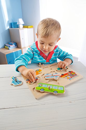 HABA 301940 - Greifpuzzle Fahrzeug-Welt | Holzspielzeug ab 12 Monaten | 8-teiliges Puzzle aus Holz mit bunten Fahrzeugmotiven | Mit großen Knöpfen zum Greifen