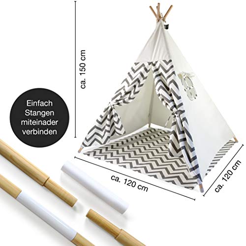 Moritz & Moritz Tipi Zelt für Kinder - Grau Zackenmuster - Kinderzelt Spielzelt Geschenkidee - Mit Bodendecke und Fenster - Für Haus und Garten