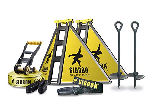 Gibbon Slacklines Independence Kit Classic, Slacklinen ohne Bäume, mit 2 Slackframes, 2 x 70cm Bodenschrauben und Classic Line 15m, Aufbauhöhen: 30/50/70 cm, für Anfänger, perfekter Freizeitsport