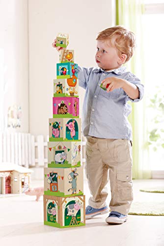 Haba 5879 - Stapelwürfel Auf dem Land, lustiges Stapelspiel für Babys ab 1 Jahr, Stapelwürfel aus stabilem Karton, BPA-frei, Turm mit niedlichen Bauernhofmotiven