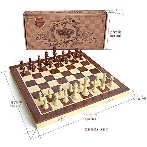 AGREATLIFE Königliches Schachspiel aus Holz handgefertigt - Hochwertiges Schachbrett aus Echtholz magnetisch - Wooden Chess Set Mittelalter klappbar 38x38 mit Aufbewahrungsbox