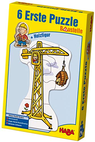 HABA 3901 - 6 erste Puzzles Baustelle, Puzzle mit 6 lustigen Baustellenmotiven für Kinder ab 2 Jahren, mit Bauarbeiterholzfigur zum freien Spielen