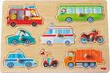 HABA 301940 - Greifpuzzle Fahrzeug-Welt | Holzspielzeug ab 12 Monaten | 8-teiliges Puzzle aus Holz mit bunten Fahrzeugmotiven | Mit großen Knöpfen zum Greifen
