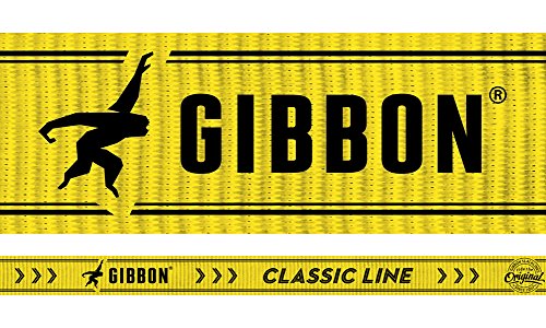 Gibbon Slacklines Classic Line, Gelb, 25 Meter, 22,5m Band + 2,5m Ratchendband, Anfänger, Beginner und Einsteiger,inklusive Ratschenschutz & Ratschenrücksicherung, 50 mm breit,perfekter Freizeitsport
