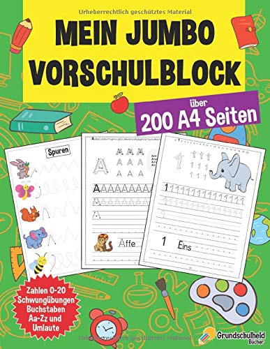 Mein Jumbo Vorschulblock: Spielend einfach Zahlen und Buchstaben lernen plus Schwungübungen - A4 Vorschule Übungshefte ab 5 Jahre für Junge und ... - Ideale Geschenke zur Einschulung