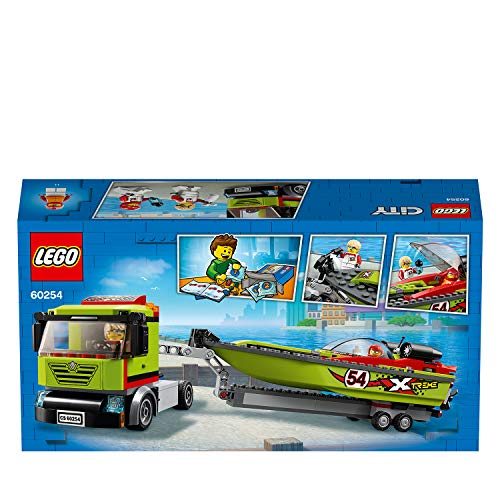 LEGO 60254 Rennboot-Transporter City LKW-Spielzeug mit Anhänger und Schnellboot, schwimmendes Badespielzeug für Kinder von 5 bis 7 Jahren